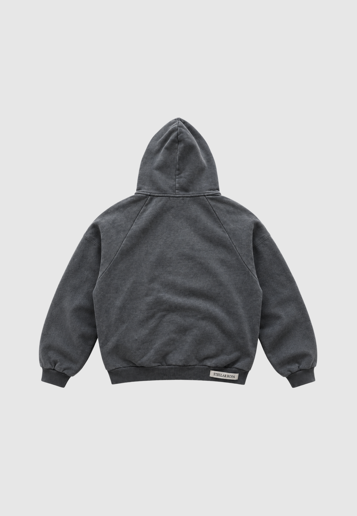 Washed grey hooded sweatshirt with front graphic and kangaroo pocket