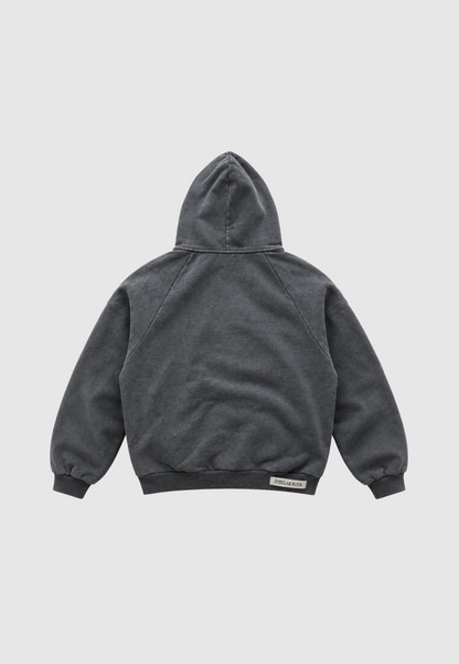 Washed grey hooded sweatshirt with front graphic and kangaroo pocket