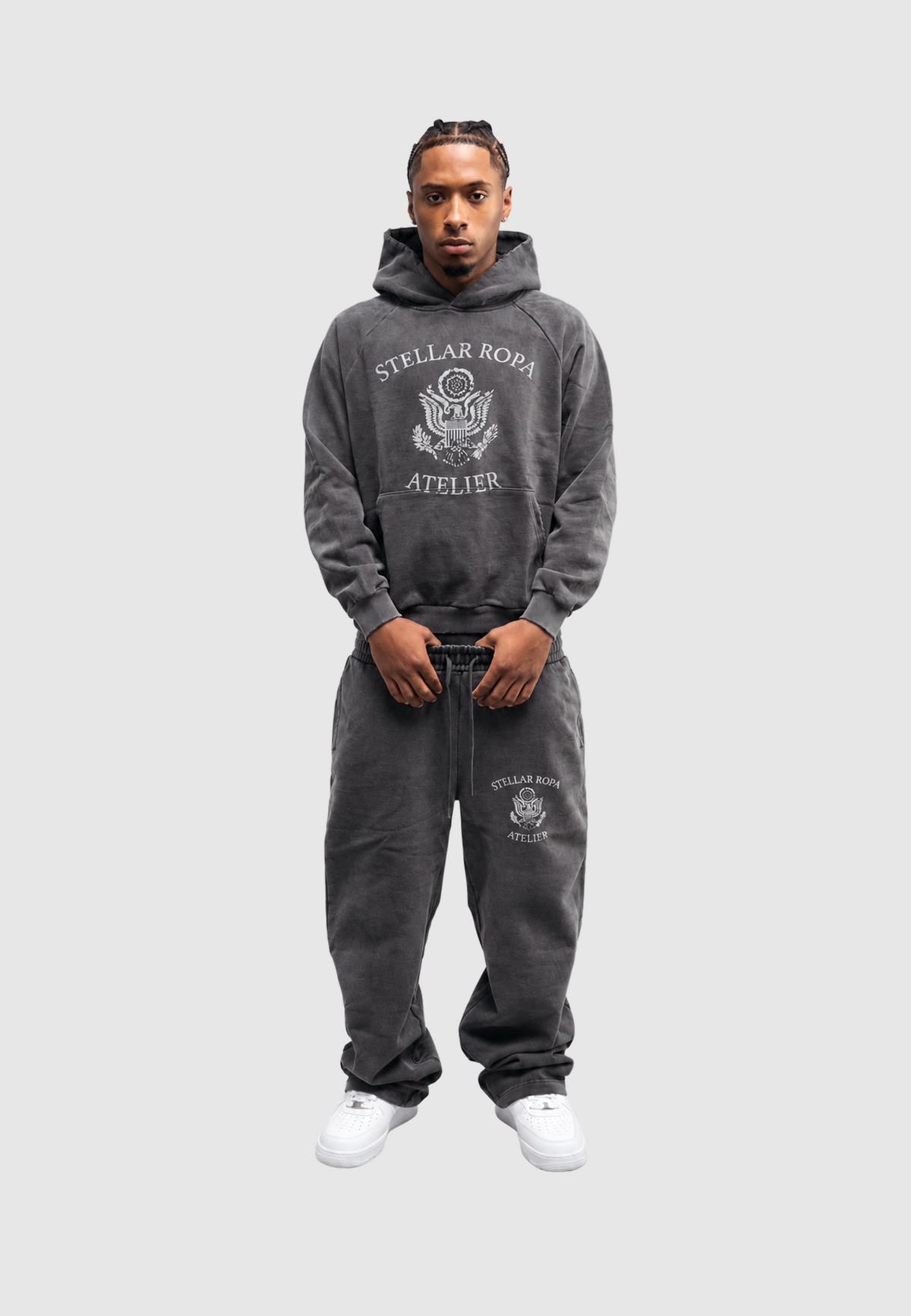 Washed grey hooded sweatshirt with front graphic and kangaroo pocket
