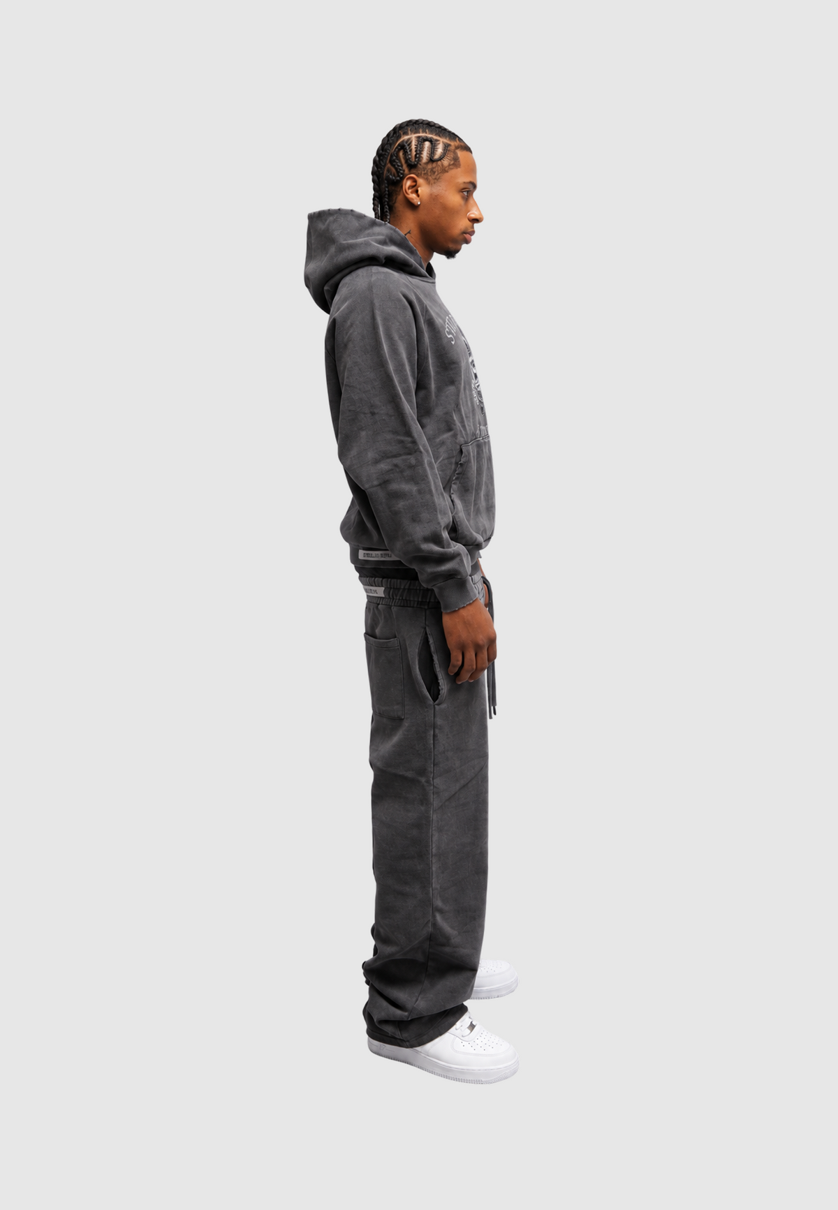Washed grey hooded sweatshirt with front graphic and kangaroo pocket