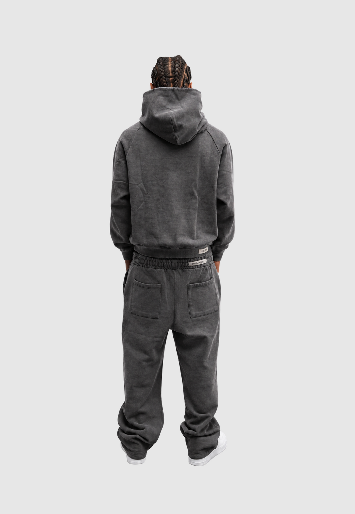 Washed grey hooded sweatshirt with front graphic and kangaroo pocket