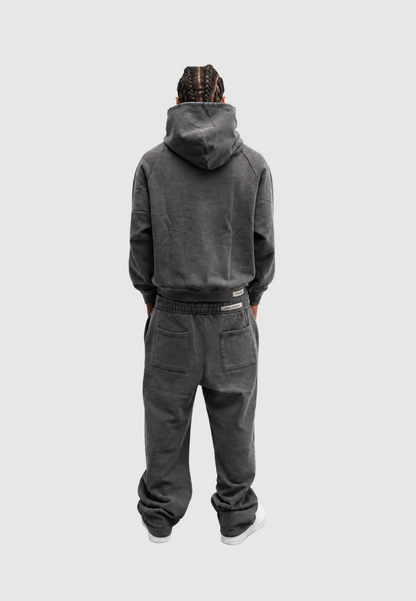 Washed grey hooded sweatshirt with front graphic and kangaroo pocket