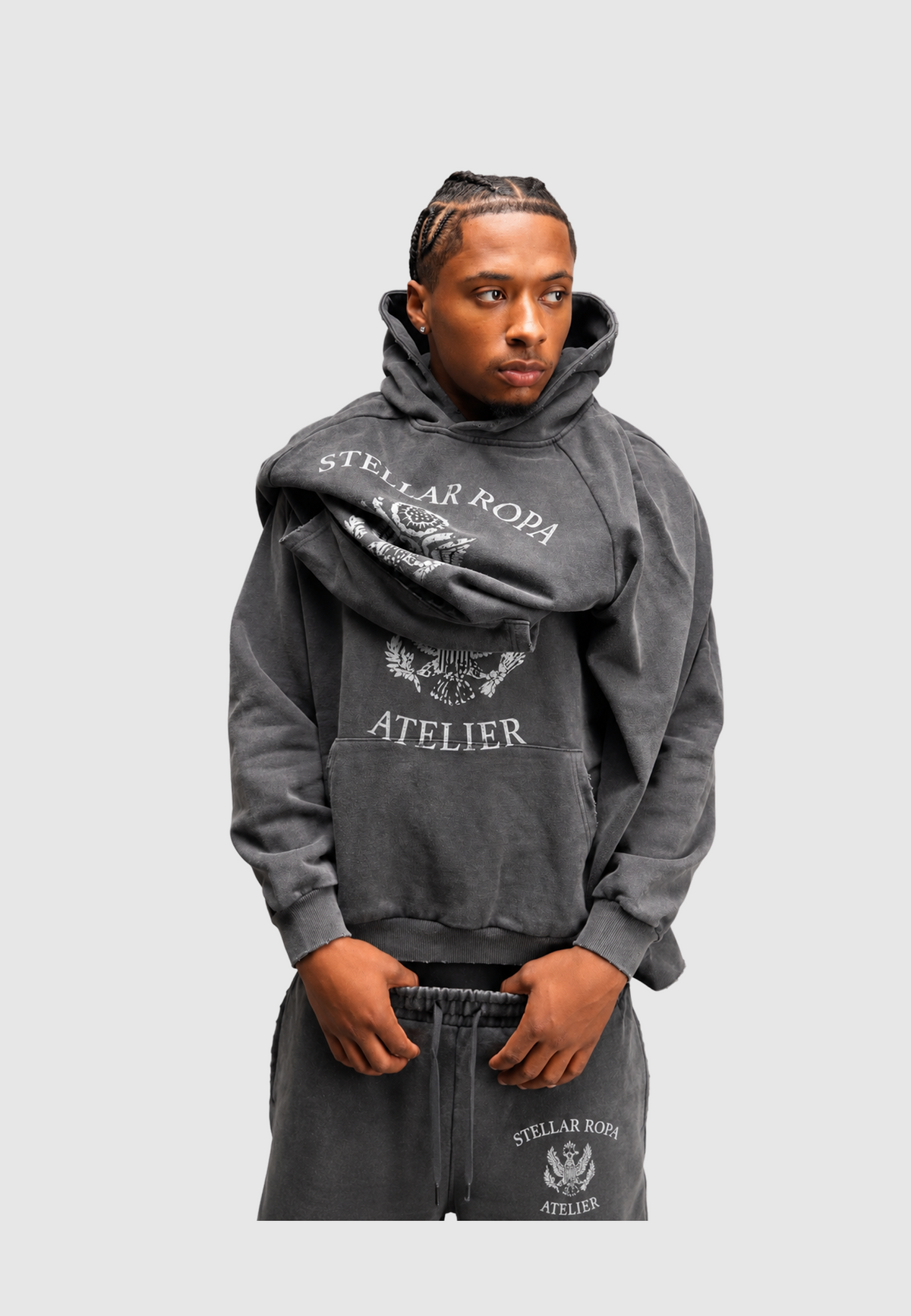 Washed grey hooded sweatshirt with front graphic and kangaroo pocket