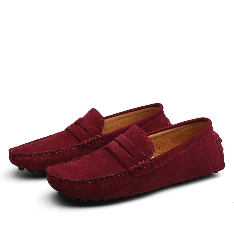 Men's suede loafers with moc toe and penny strap
