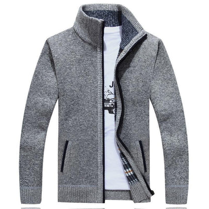 Men's textured knit cardigan jacket with high collar and zip fastening