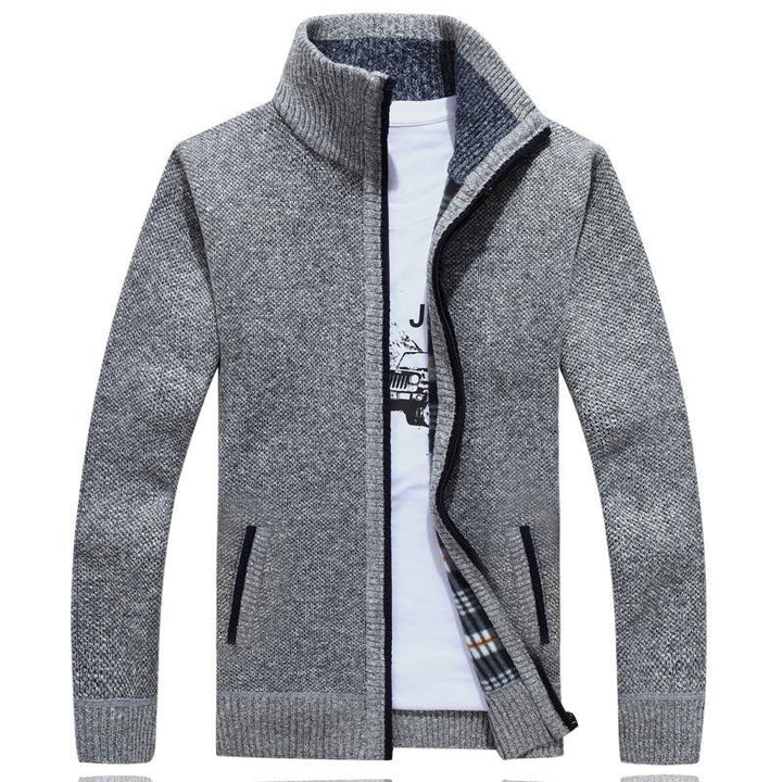 Men's textured knit cardigan jacket with high collar and zip fastening
