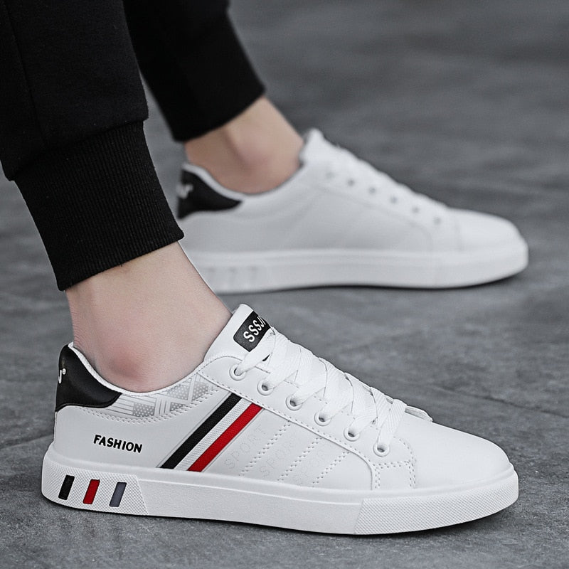 Men's lace-up sneakers with striped side details and flat soles
