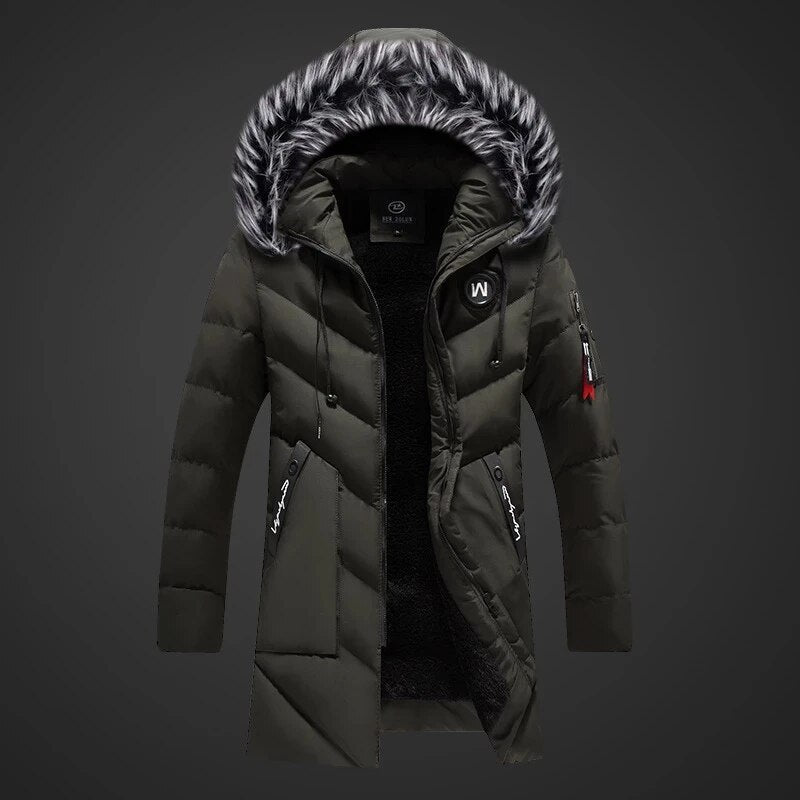 Men's long padded hooded coat with textured trim and zip pockets