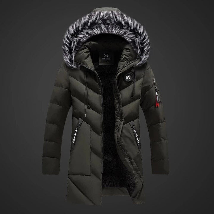 Men's long padded hooded coat with textured trim and zip pockets