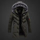 Men's long padded hooded coat with textured trim and zip pockets
