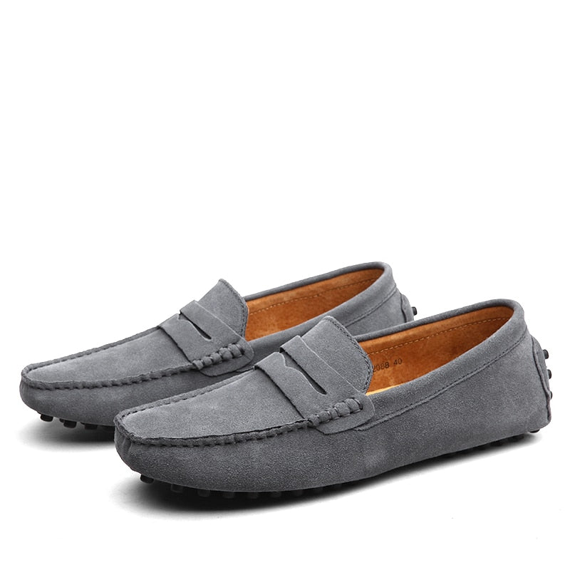 Men's suede loafers with moc toe and penny strap