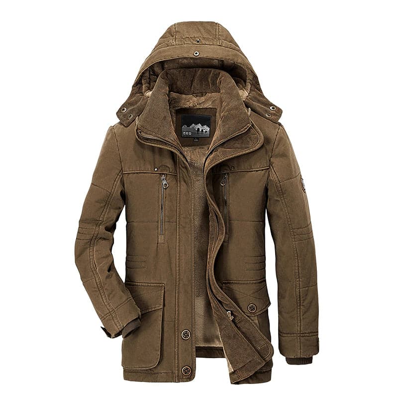 Men's hooded parka jacket with multiple front pockets