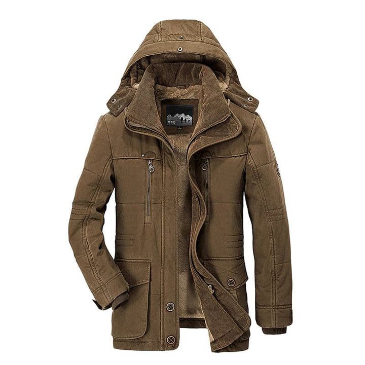 Men's hooded parka jacket with multiple front pockets