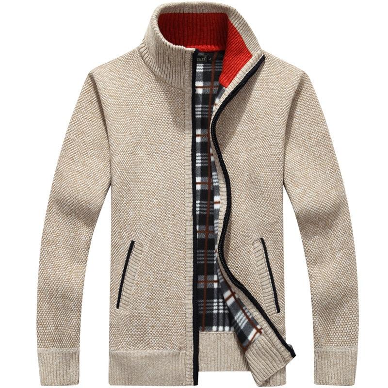 Men's textured knit cardigan jacket with high collar and zip fastening