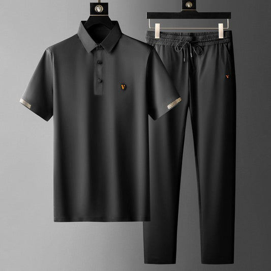 Men's Polo Shirt & Trousers Set, Short Sleeve Button Placket Top with Drawstring Straight-Leg Trousers