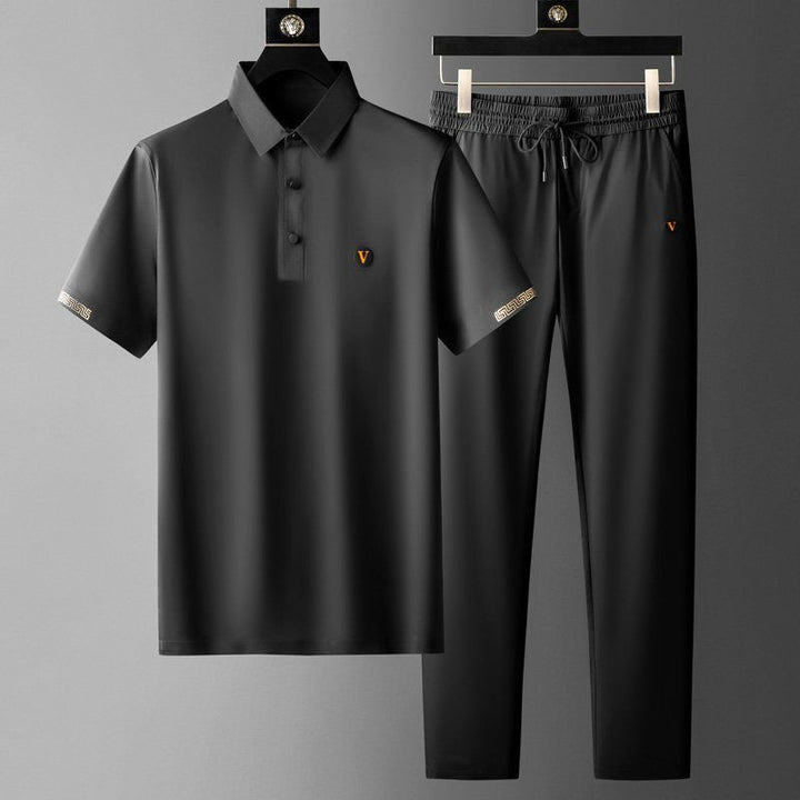 Men's Polo Shirt & Trousers Set, Short Sleeve Button Placket Top with Drawstring Straight-Leg Trousers
