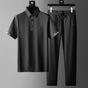 Men's Polo Shirt & Trousers Set, Short Sleeve Button Placket Top with Drawstring Straight-Leg Trousers