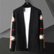 Men's open front cardigan with striped long sleeves and patch pockets