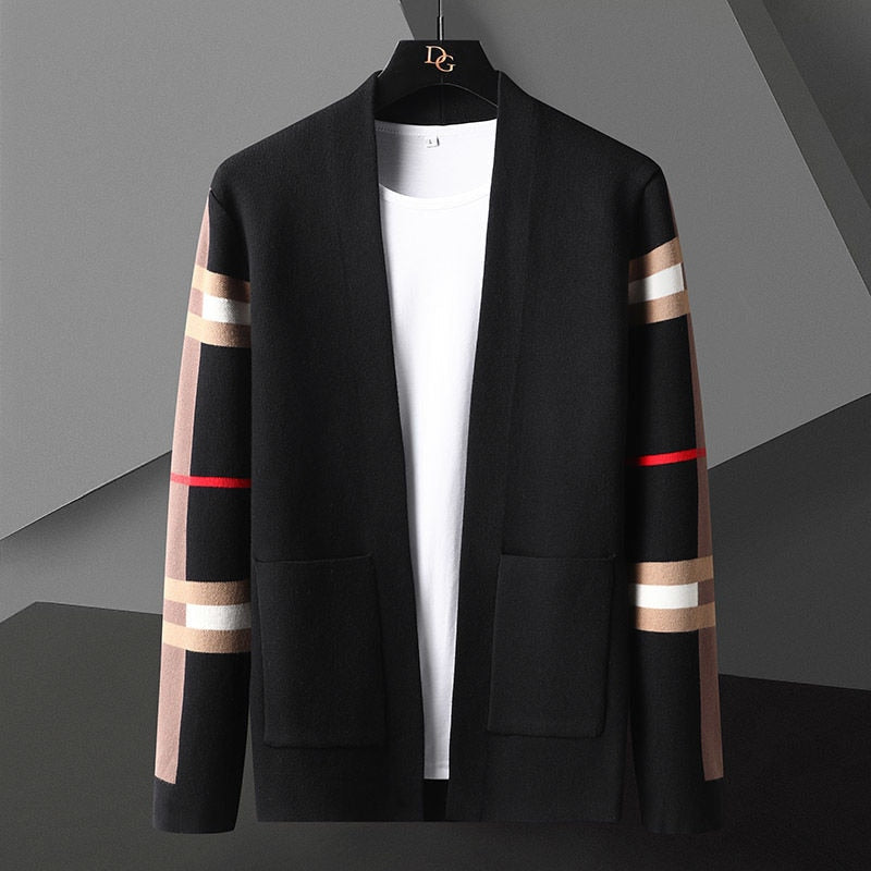 Men's open front cardigan with striped long sleeves and patch pockets