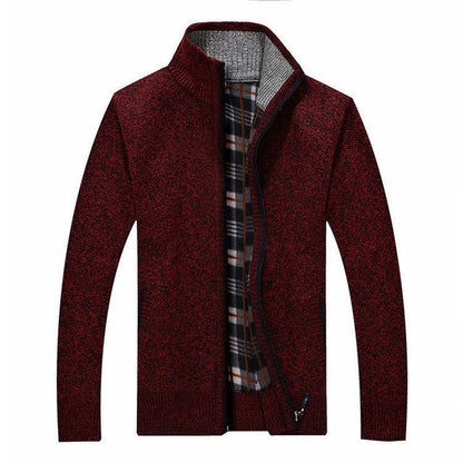 Men's textured knit cardigan jacket with high collar and zip fastening