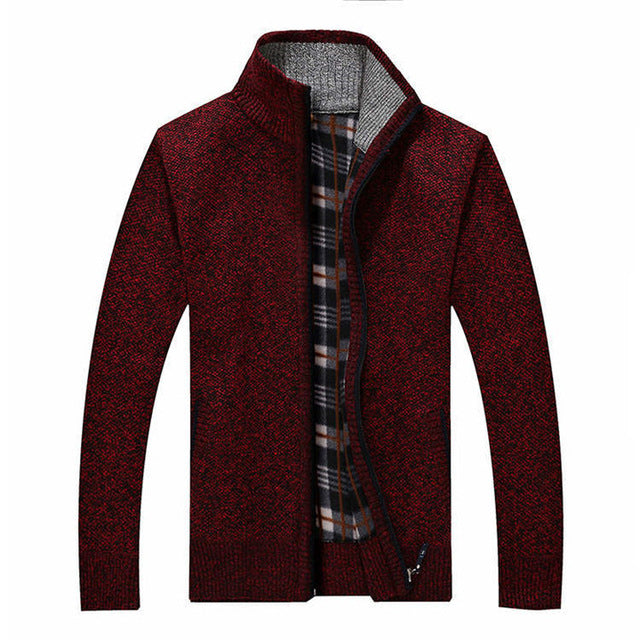 Men's textured knit cardigan jacket with high collar and zip fastening