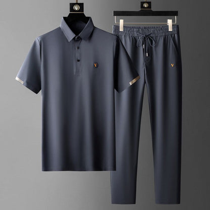 Men's Polo Shirt & Trousers Set, Short Sleeve Button Placket Top with Drawstring Straight-Leg Trousers