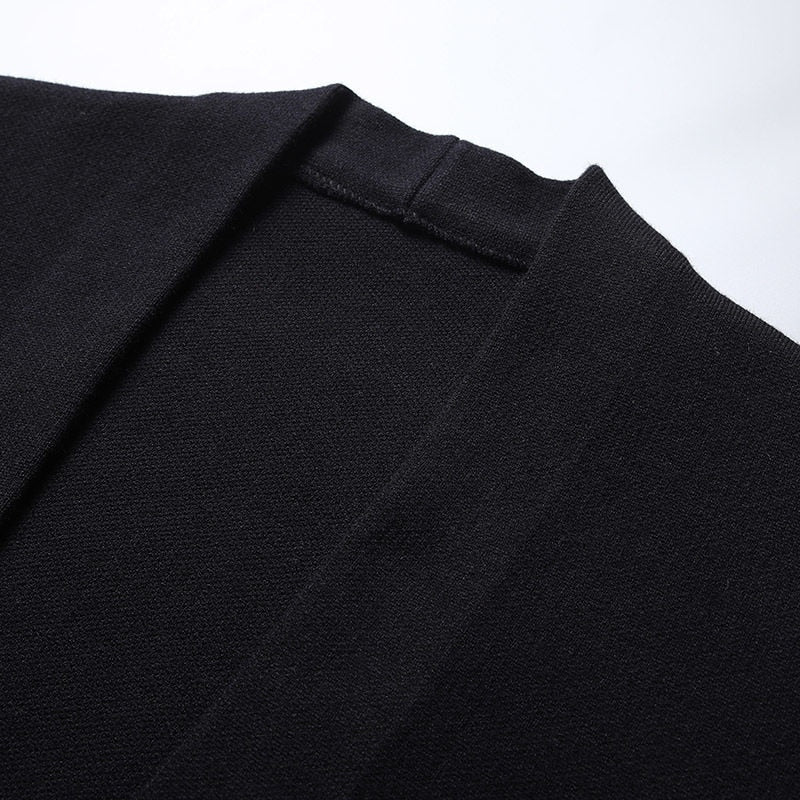 Men's open front cardigan with striped long sleeves and patch pockets