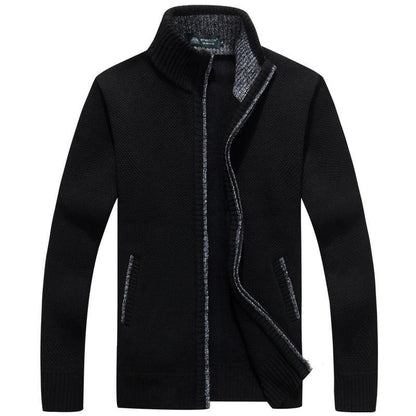 Men's textured knit cardigan jacket with high collar and zip fastening