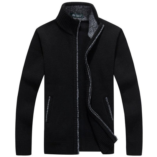 Men's textured knit cardigan jacket with high collar and zip fastening