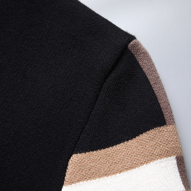 Men's open front cardigan with striped long sleeves and patch pockets