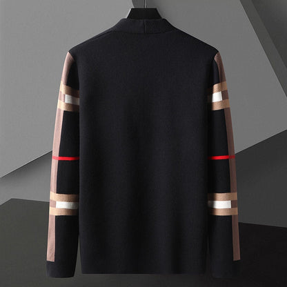 Men's open front cardigan with striped long sleeves and patch pockets
