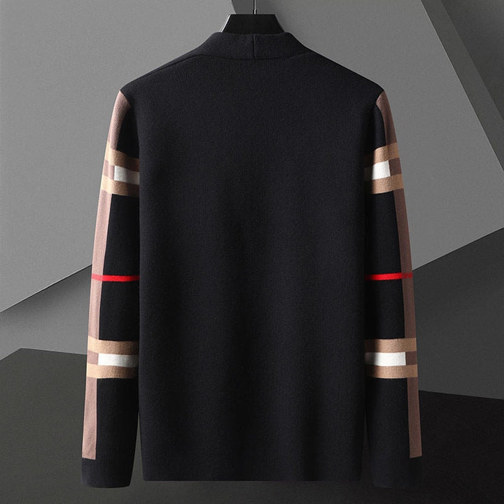 Men's open front cardigan with striped long sleeves and patch pockets
