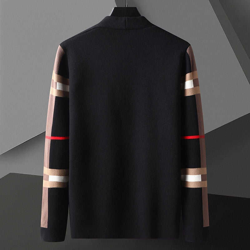 Men's open front cardigan with striped long sleeves and patch pockets
