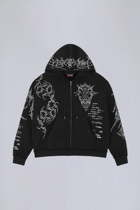 Black unisex zip hoodie with hood, long sleeves and contrasting graphic prints