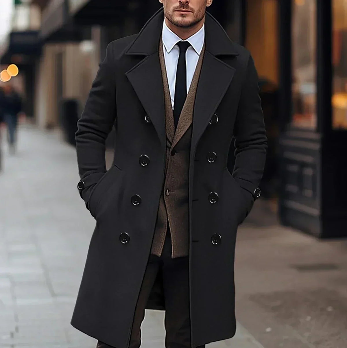 Men's long double-breasted overcoat with notched lapels and buttoned cuffs