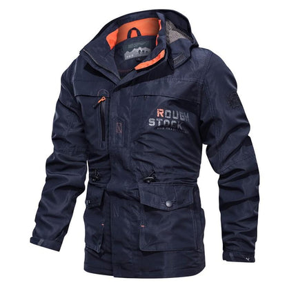 Men's hooded utility coat with long sleeves, multiple pockets and contrast trim