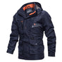 Men's hooded utility coat with long sleeves, multiple pockets and contrast trim
