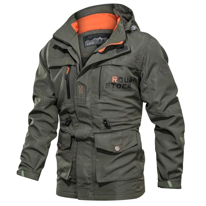Men's hooded utility coat with long sleeves, multiple pockets and contrast trim