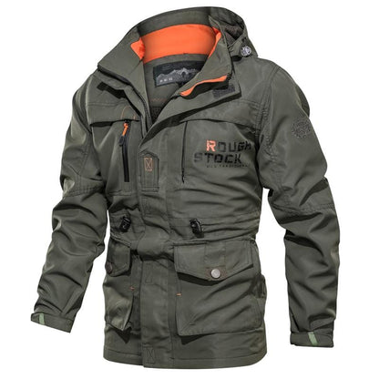 Men's hooded utility coat with long sleeves, multiple pockets and contrast trim