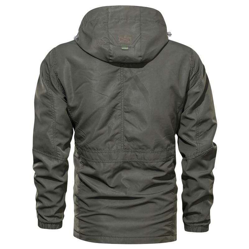 Men's hooded utility coat with long sleeves, multiple pockets and contrast trim