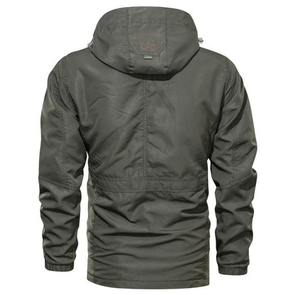 Men's hooded utility coat with long sleeves, multiple pockets and contrast trim