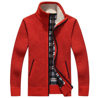 Men's textured knit cardigan jacket with high collar and zip fastening