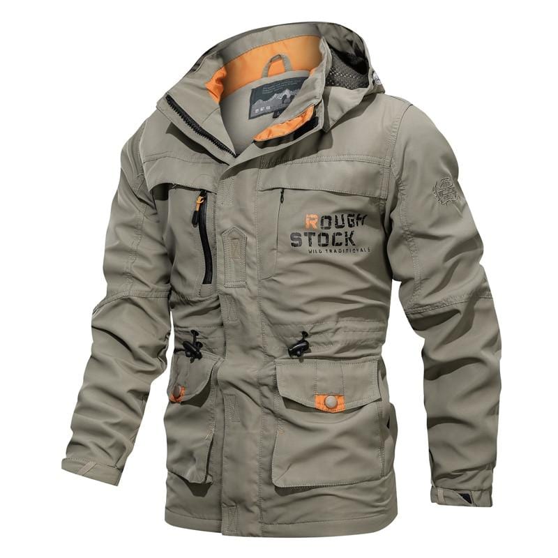Men's hooded utility coat with long sleeves, multiple pockets and contrast trim