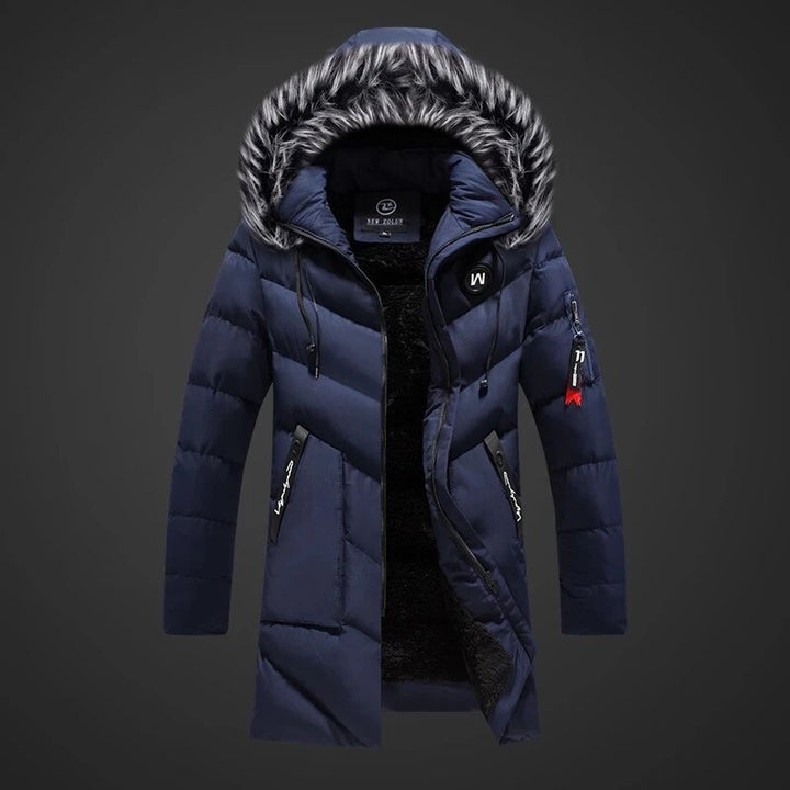 Men's long padded hooded coat with textured trim and zip pockets