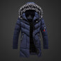 Men's long padded hooded coat with textured trim and zip pockets