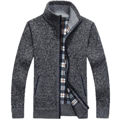 Men's textured knit cardigan jacket with high collar and zip fastening