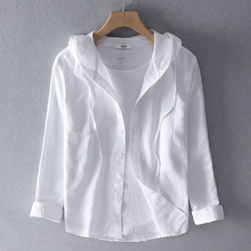 Men's Long Sleeve Linen Blend Hooded Shirt, Button-Front Casual Overshirt with Drawstring Hood