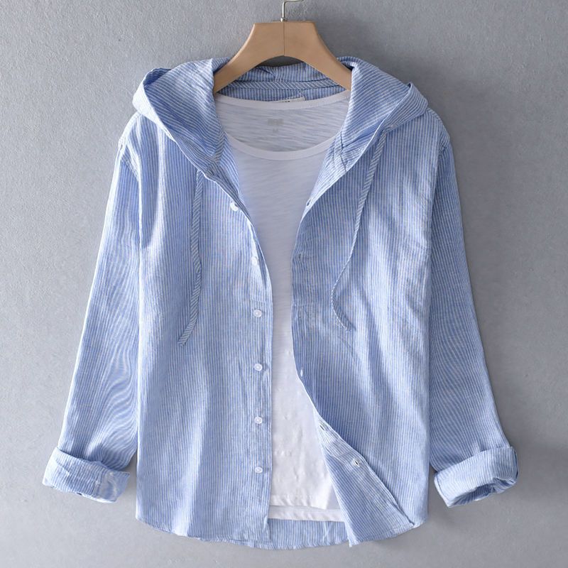 Men's Long Sleeve Linen Blend Hooded Shirt, Button-Front Casual Overshirt with Drawstring Hood