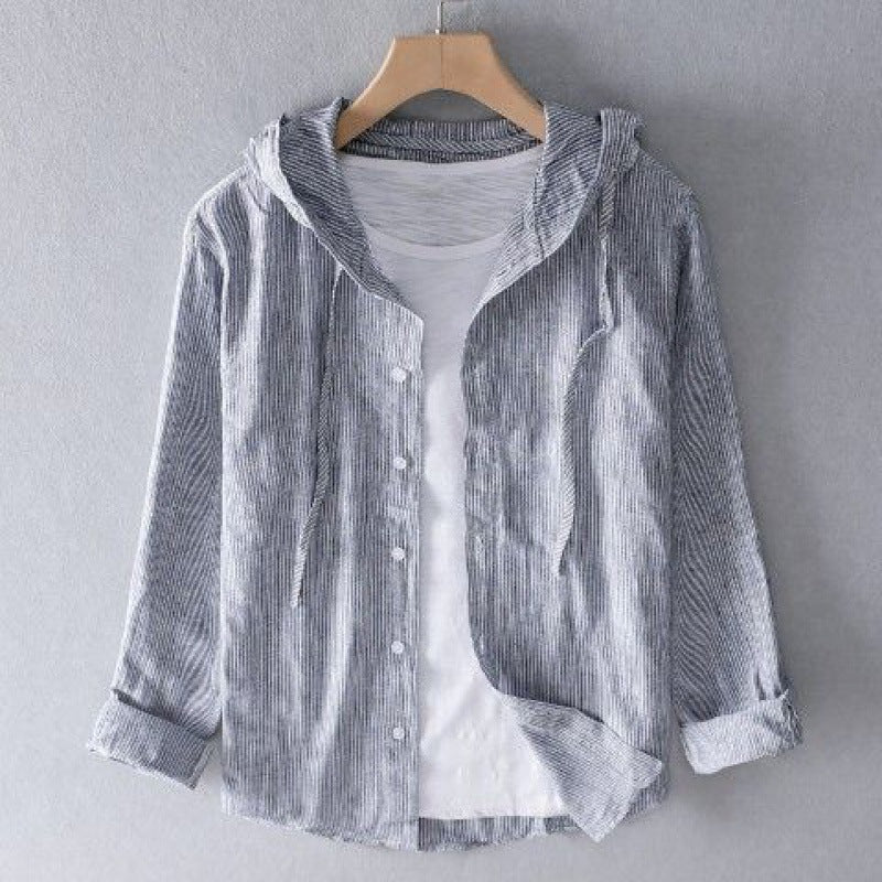 Men's Long Sleeve Linen Blend Hooded Shirt, Button-Front Casual Overshirt with Drawstring Hood