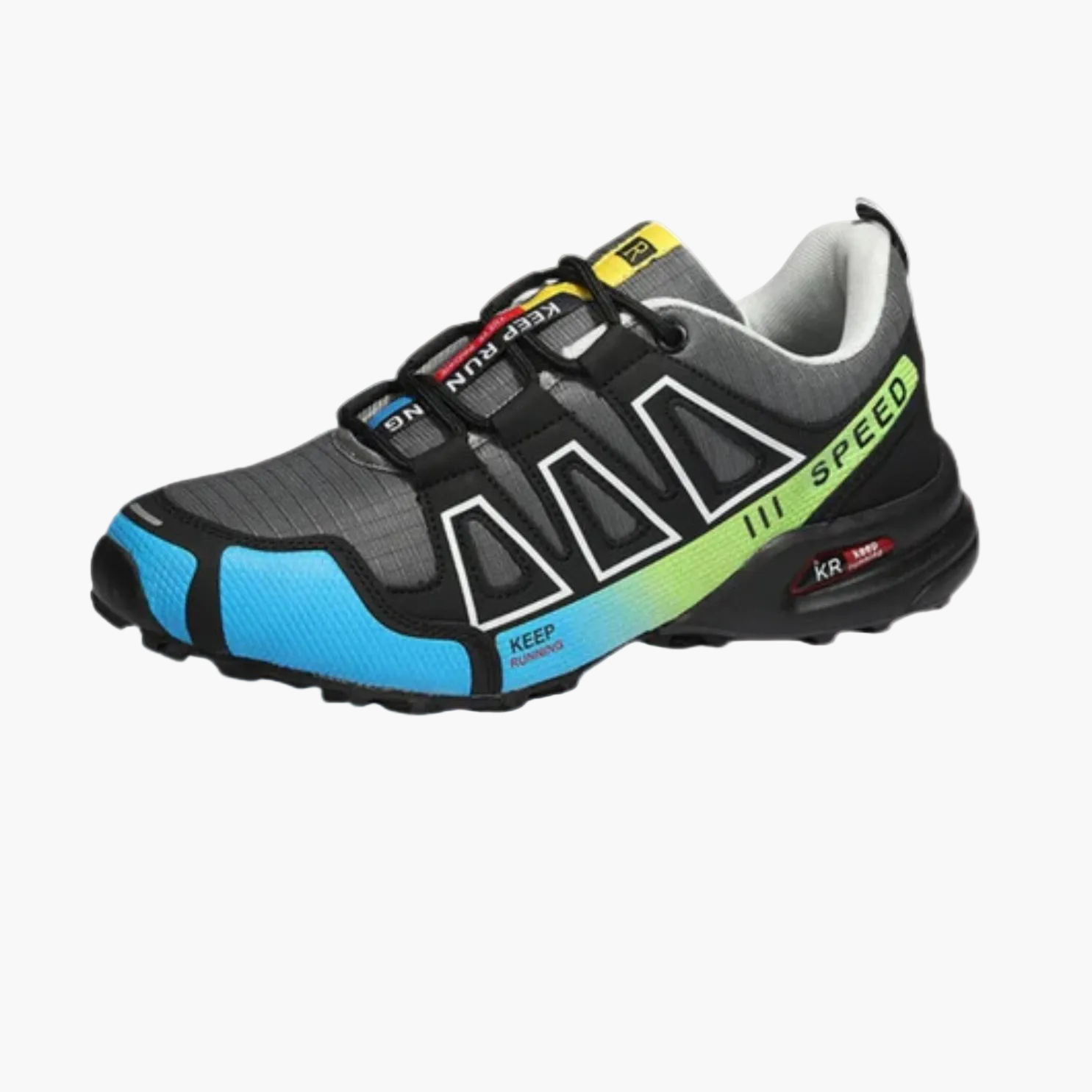 Men's running sneakers with layered panels, lace-up front and textured sole